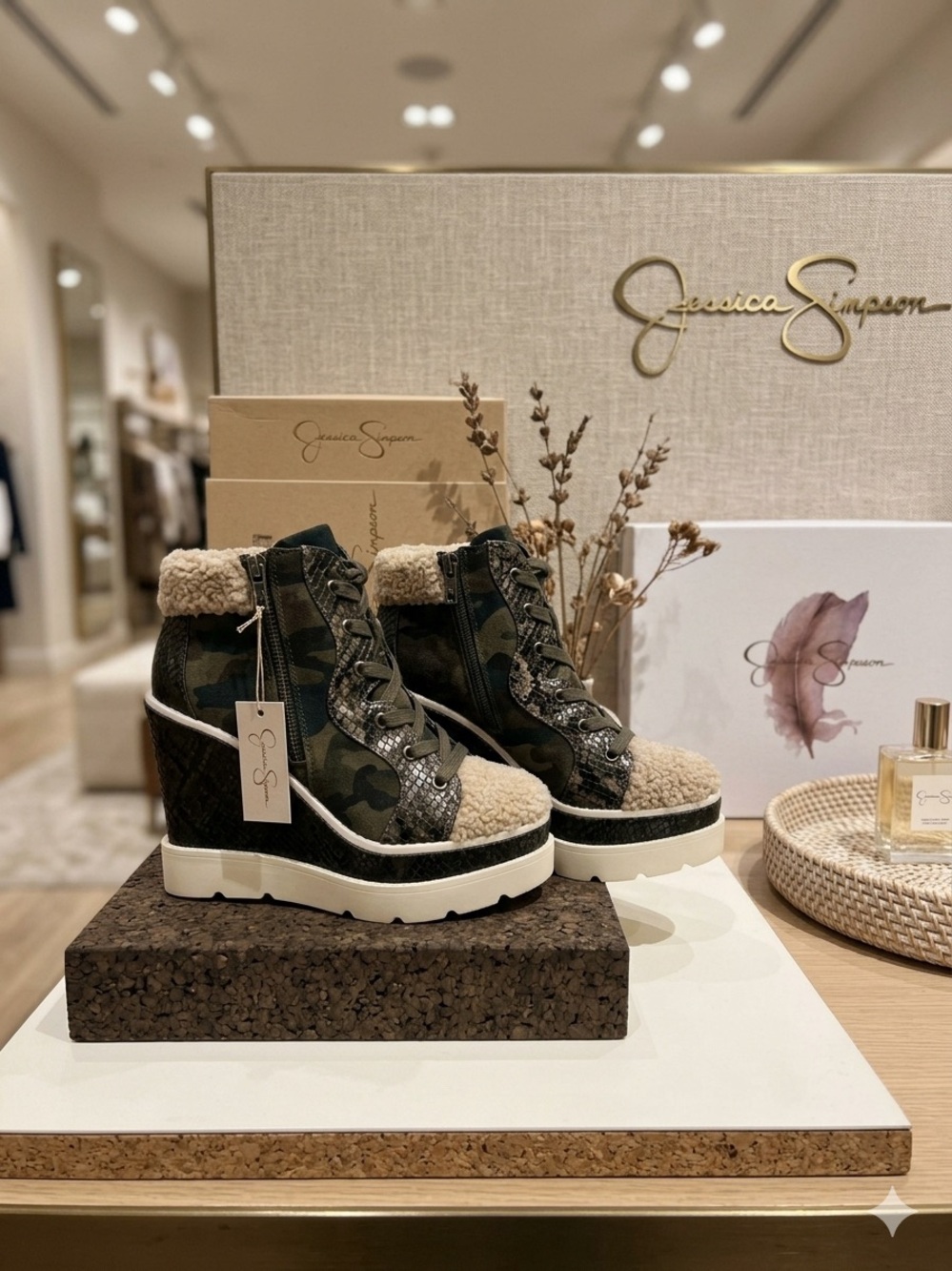 Jessica Simpson Meliney Camo Wedge Sneakers Booties 6M NEW
 with Sherpa Trim